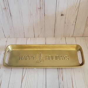 HAPPY Holidays Goldtone Metal  Decor tray Heavy